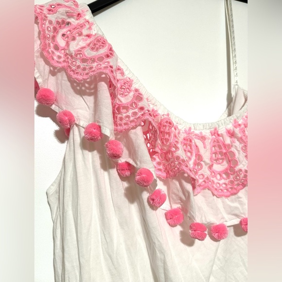 Lilly Pulitzer Idara Resort White Pink Pom Pon One Shoulder Top Ruffle XL - Picture 5 of 7